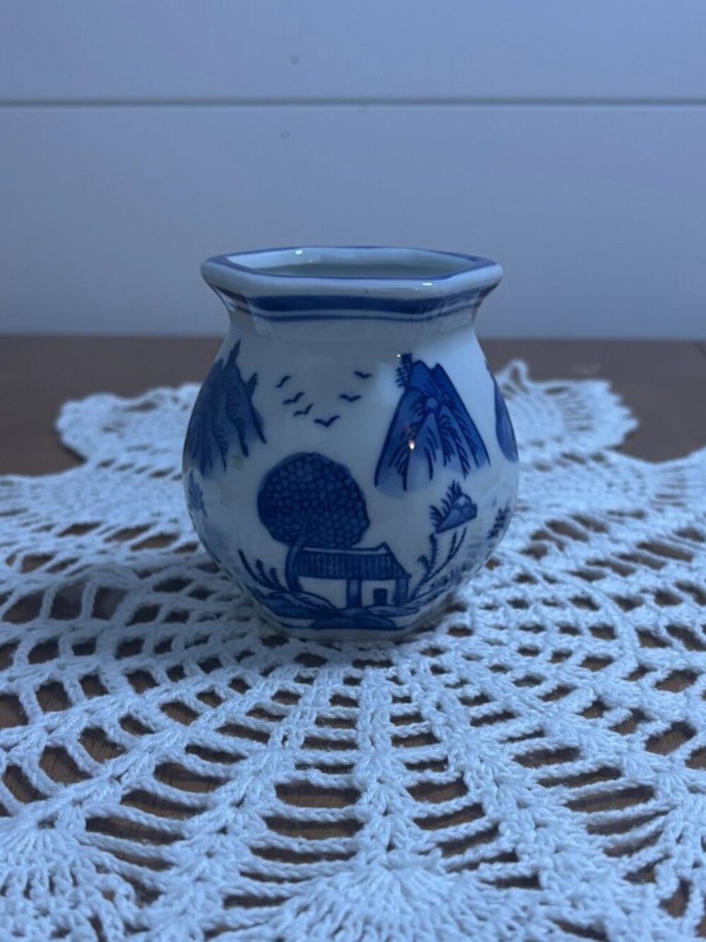VTG Blue and White Chinoiserie Hexagonal Mini Vase CP China